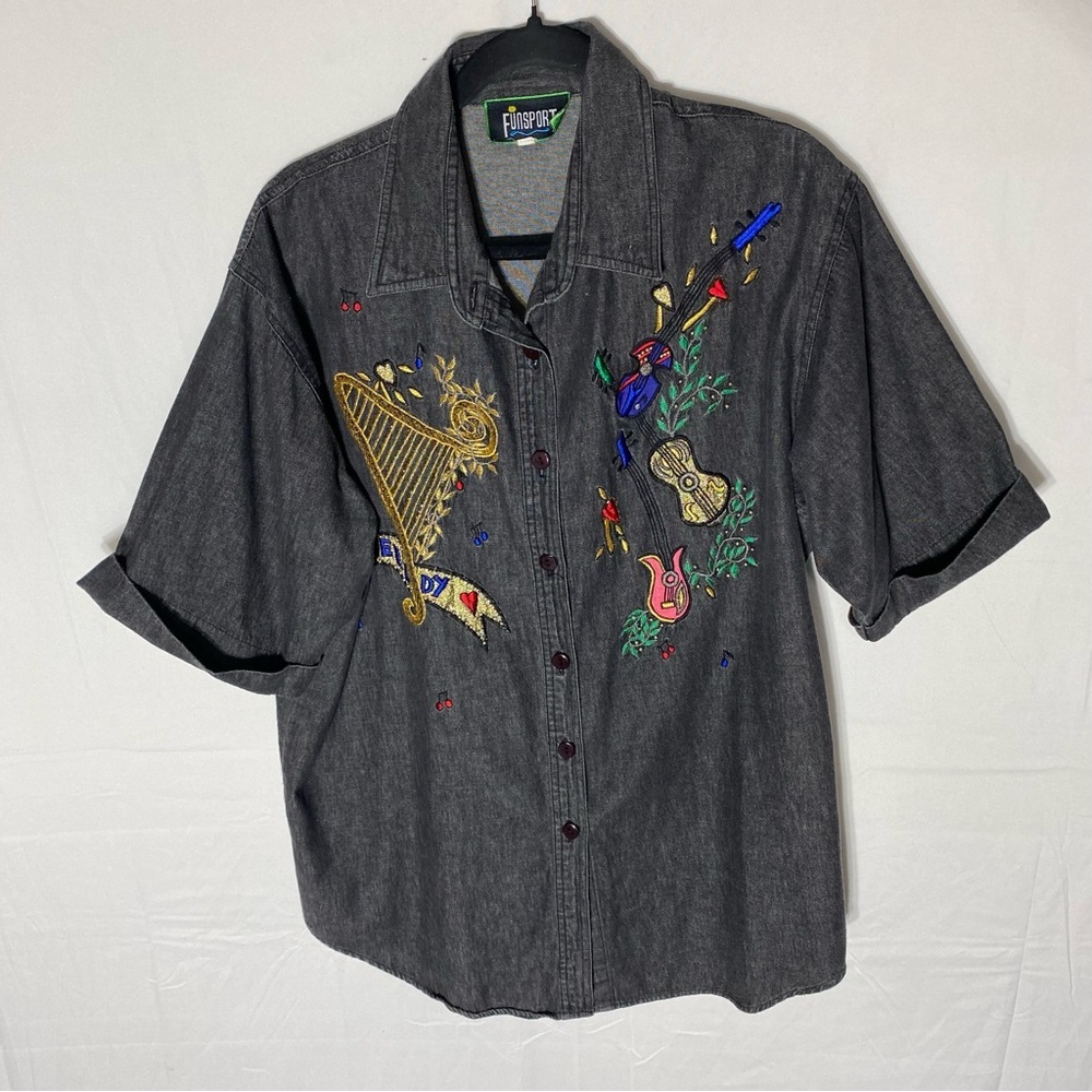Vintage Funsport Black Embroidered Chambray Short Sleeve Button Up Top L